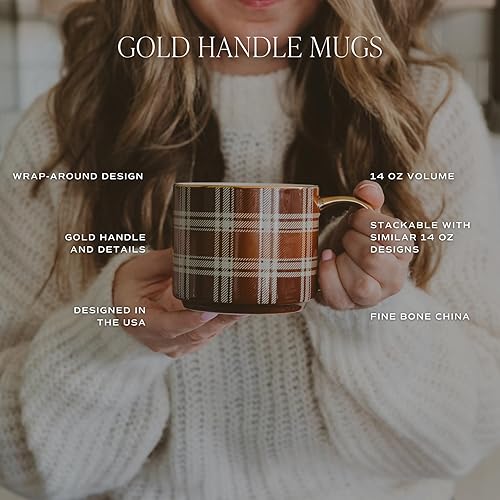 Miniatura 3 de Sweet Water Decor - Taza de Delft marrón con asa dorada, 14 onzas, de porcelana fina de hueso, taza de café para té, café con leche o sidra