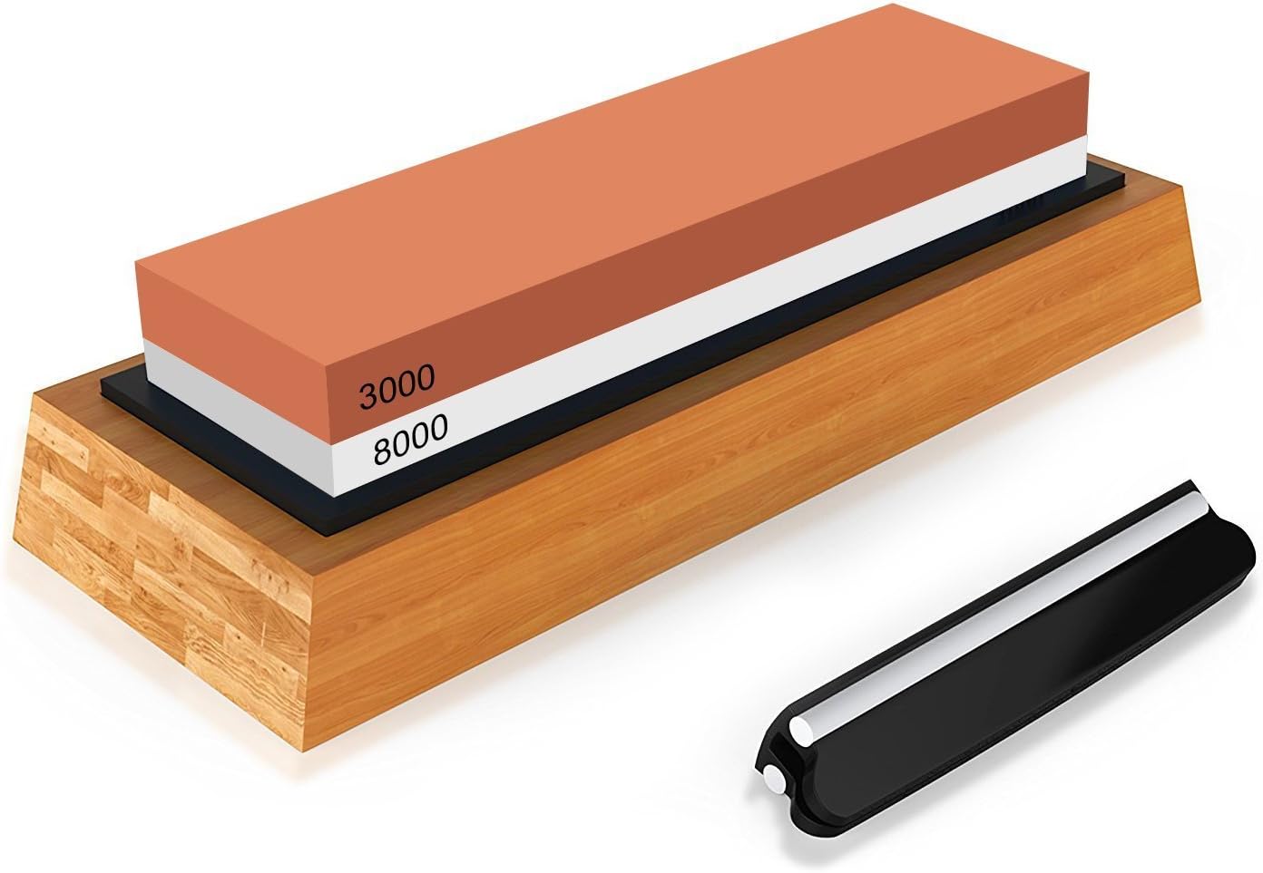 Knife Sharpener Knife Sharpening Stone Kit Japanese Whetstone Kitchen Knife Sharpener 2 Side 3000/8000 Grit with Non- slip Rubber Bamboo Holder Base and Angle Guide (3000/8000 Grit with Base)