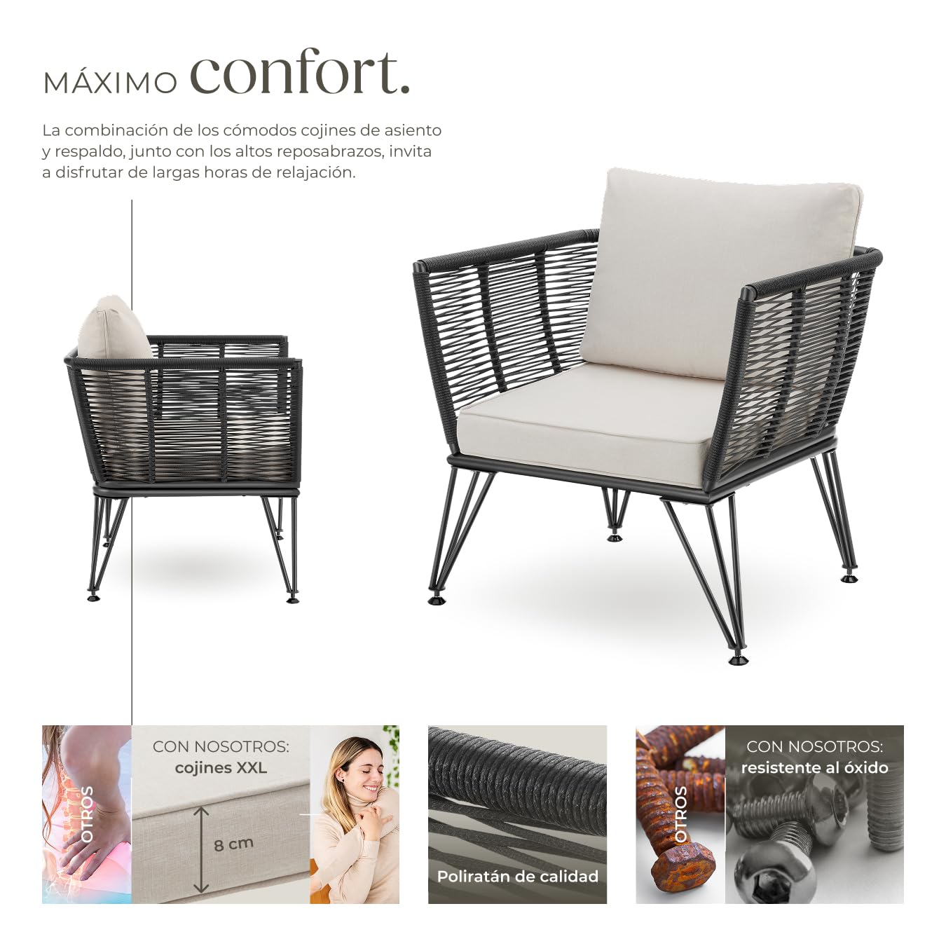 tectake® Sillas de Jardin Exterior de Ratán, Sillones de Jardin, Cojines, Sillas Exterior Resistente a la Intemperie, Sillones para Terrazas, Muebles de Jardín, Butacas de jardín - 4 Sillas
