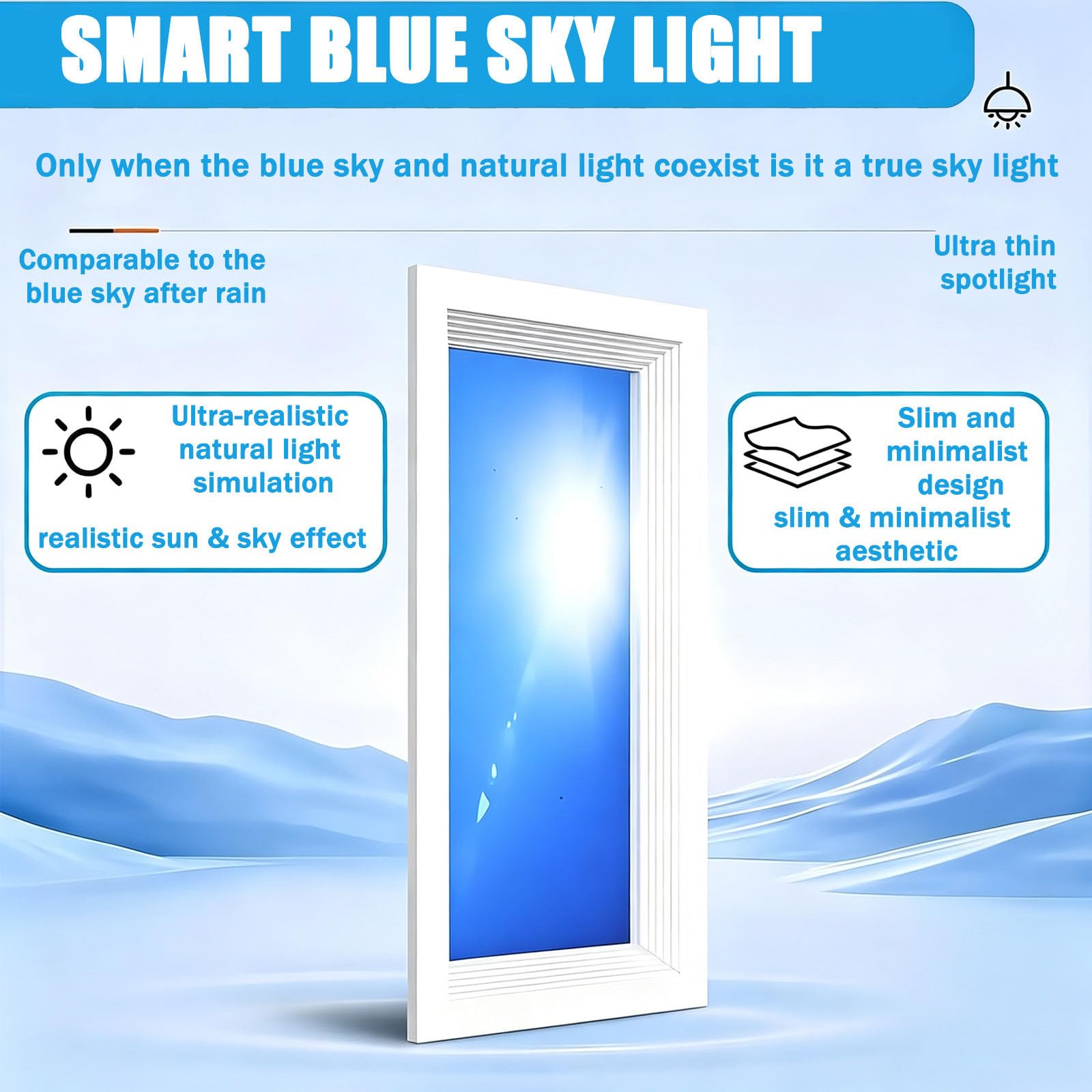 Pannello luminoso a effetto luce finta con telecomando,plafoniera LED intelligente effetto cielo blu che simula la luce naturale,dimmerabile in continuo,per ambienti senza finestre Embedded-32*122cm