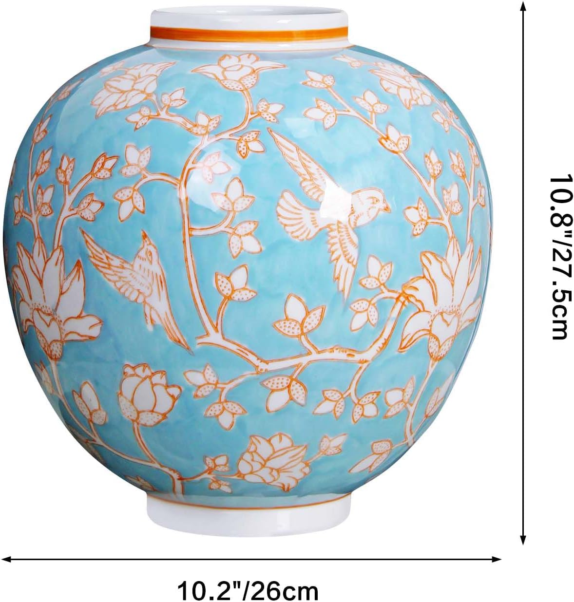 Blue and White Chinoiserie Ceramic Vase, 10.8 Inch Hand Painted Flower & Bird Art Decor Round Vase Antique Floral Vase for Living Room, Farmhouse, Table Centerpiece