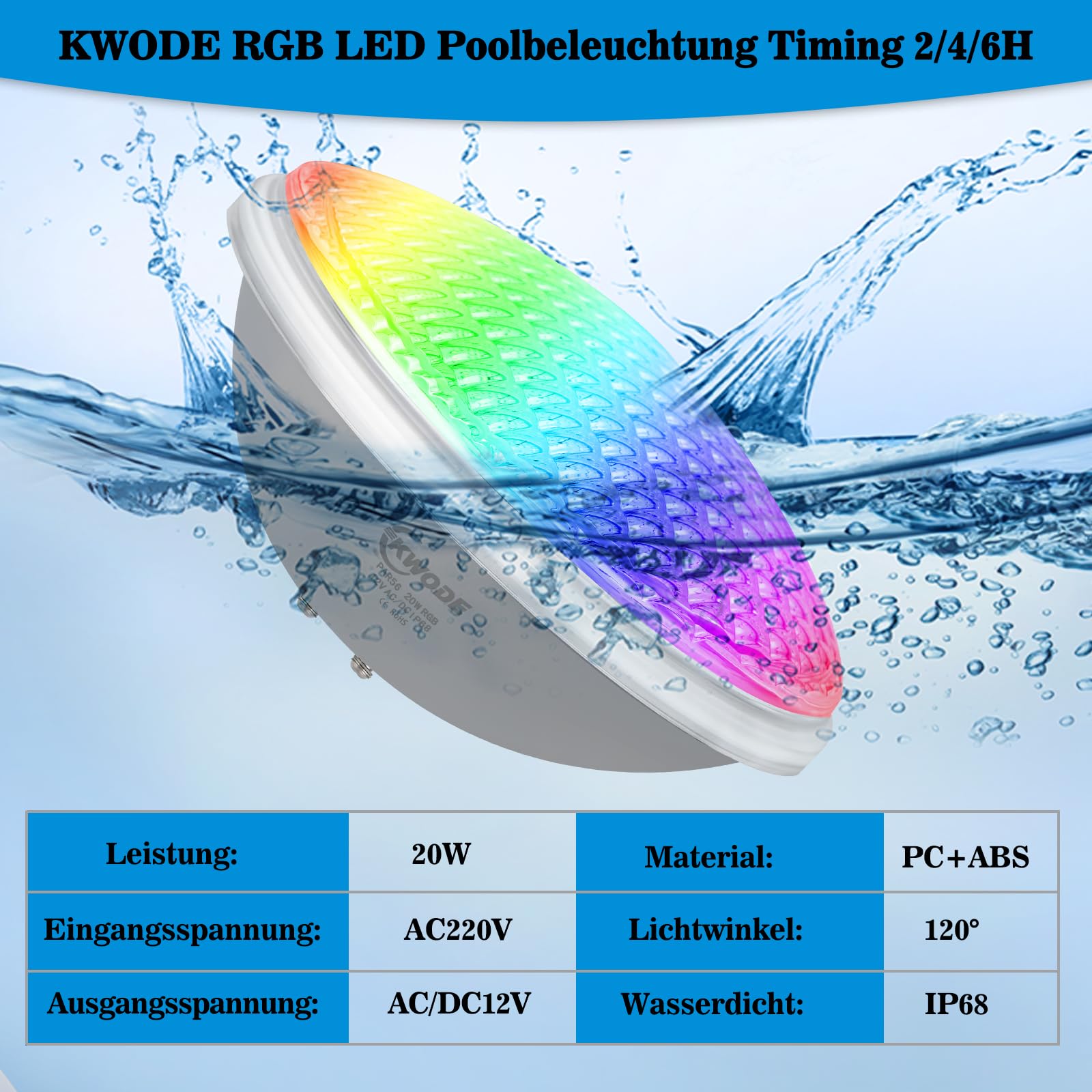 Luz de piscina LED par56, Luces de piscina RGB 20W, IP68 con control remoto, cronometrada 2/4/6H, foco submarino [12v AC/DC]
