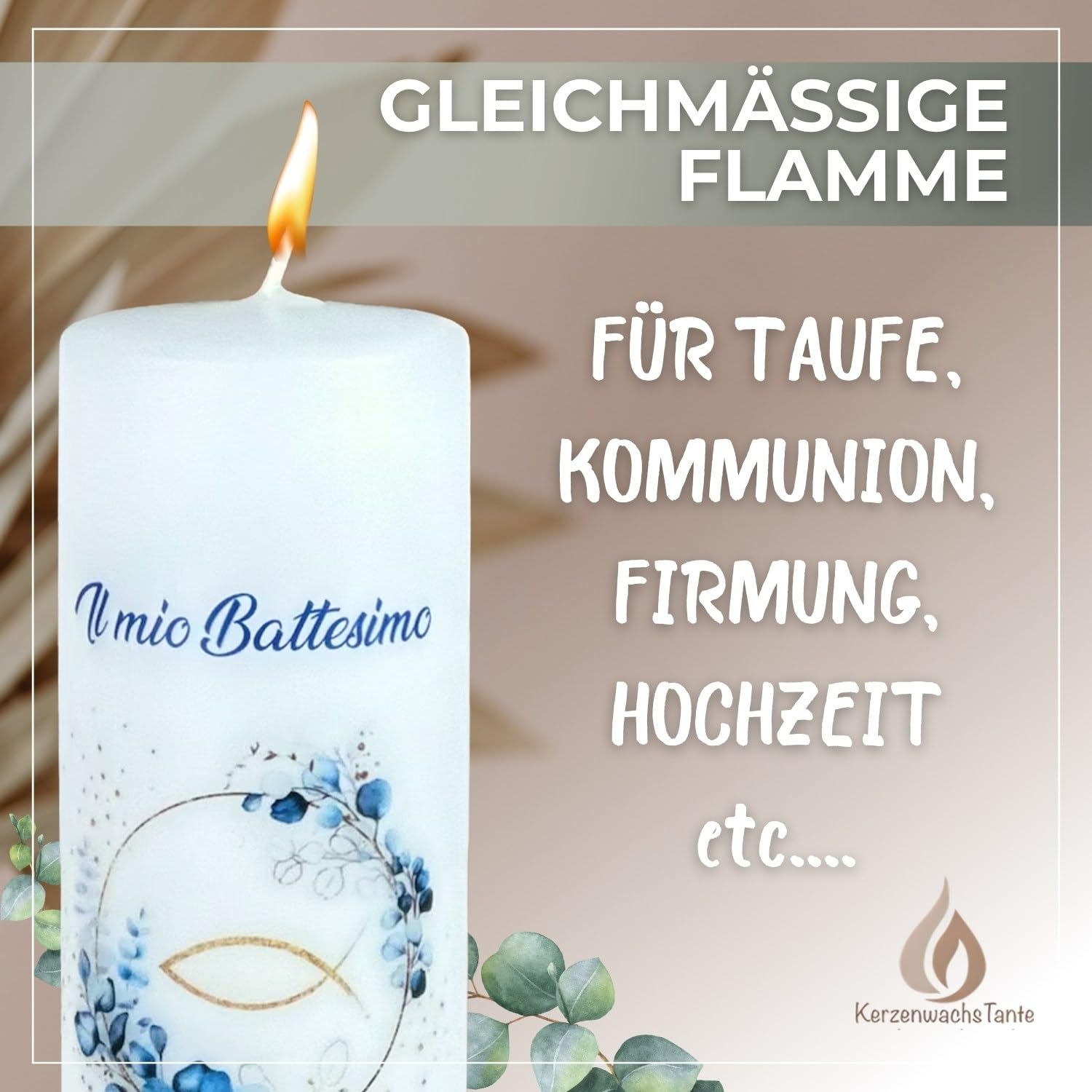 Taufkerze Kommunionkerze Eukalyptus Fisch 25x7cm – Wunschname Personalisierbar – Geschenk zur Taufe für Jungen & Mädchen – Handarbeit mit Schleife – dunkelblau gold