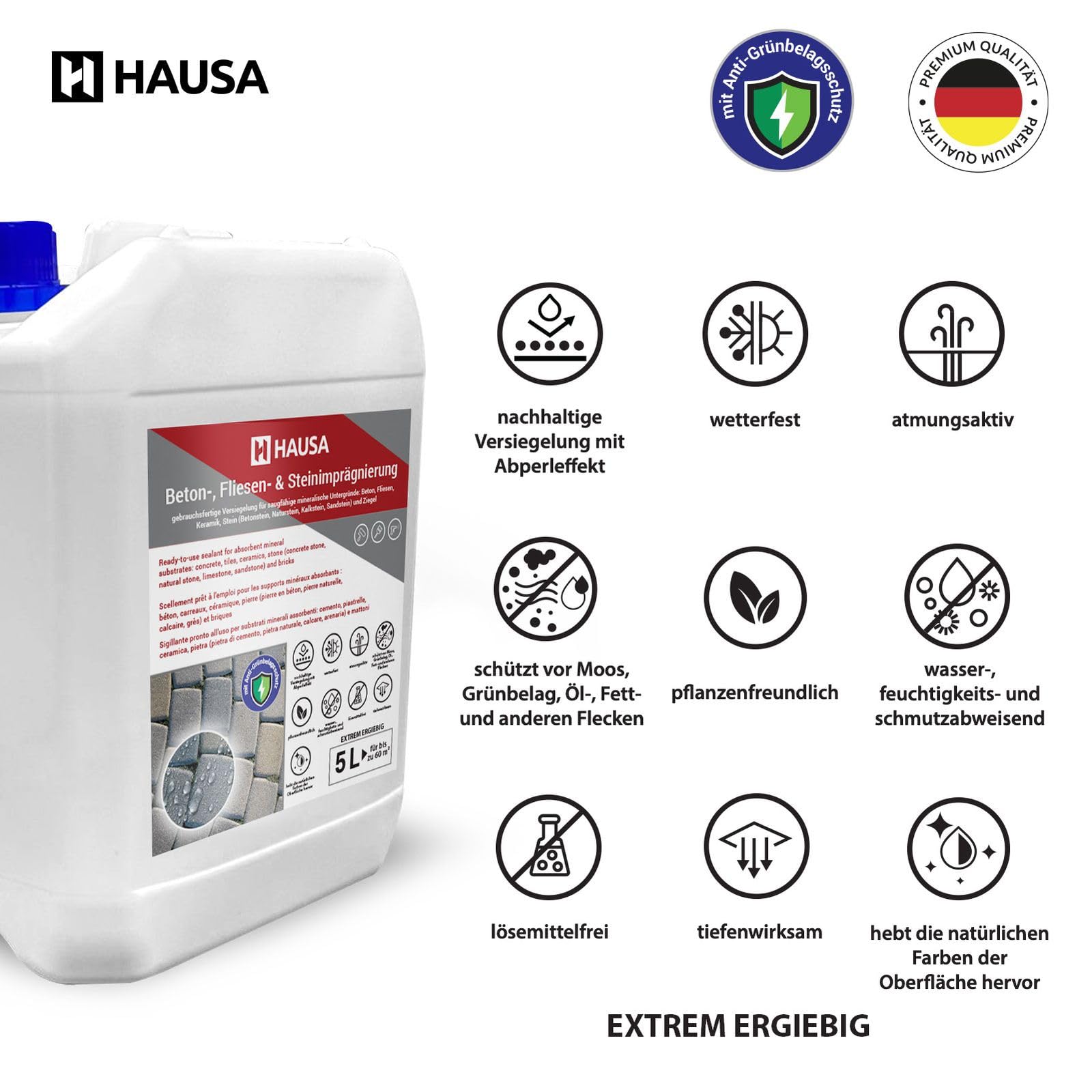 Hausa Steinimprägnierung 10L für ca.120m² Versiegelung für Außen & Innen, Schutz vor Schmutz, Grünbelag, Imprägnierung für Stein Beton Fliesen Ziegel, Abperleffekt, wasser- & schmutzabweisend