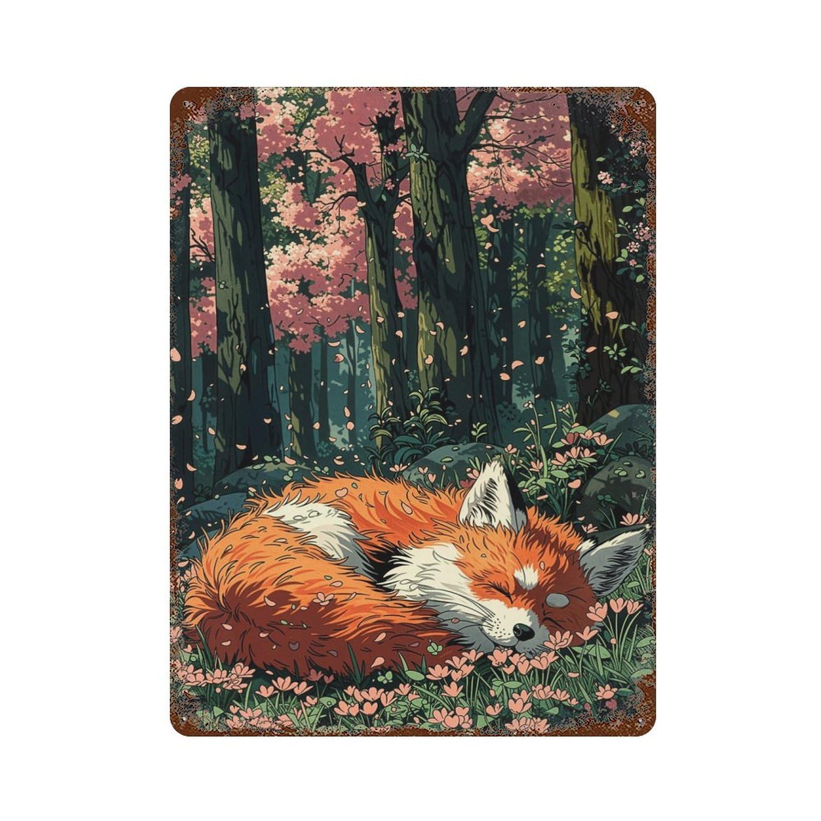 Garage Style Sleeping Fox in Cherry Blossom Forest Rustic Tin Plaque 15.7"x11.8", Industrial Home Decor for Bar And Workshop