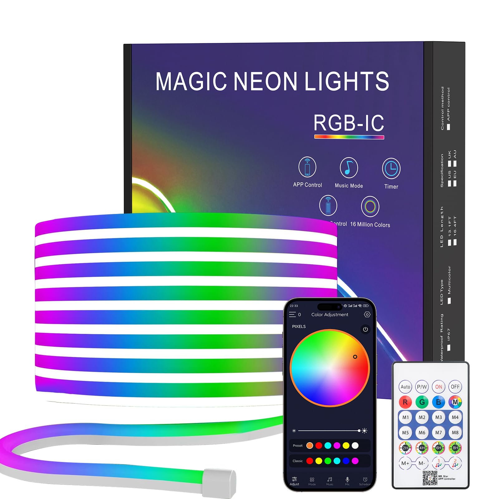 TK99SW Neon LED Strip 5m, IP67 Wasserdichte LED Lichtband mit App und Fernbedienung, 5V Colour Changing Dimmable Light Strip for Outdoor, Neon Lichterkette für Innen-Außendekoration