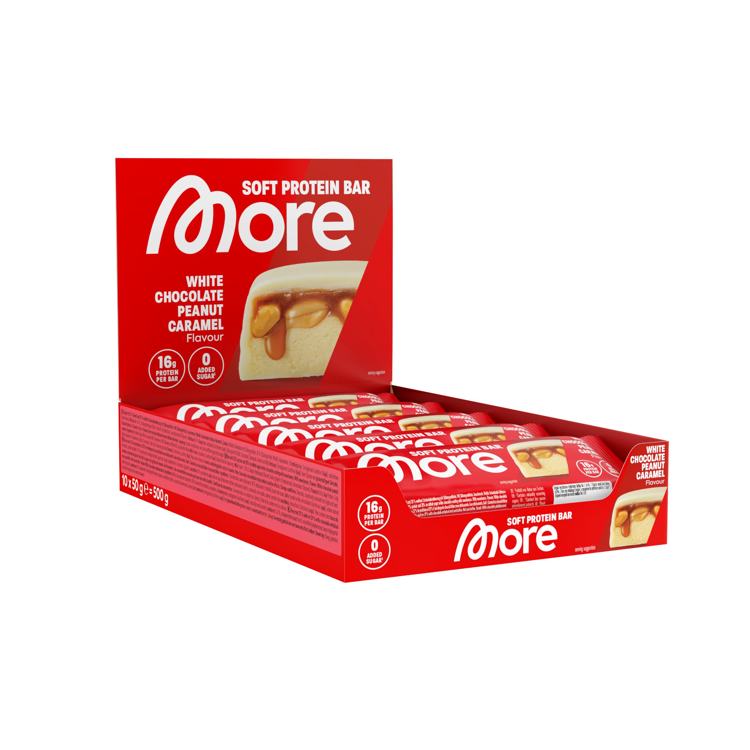 MORE Barrita proteica, caja de 10 unidades, 10 x 50 g, Chocolate blanco, cacahuete y caramelo