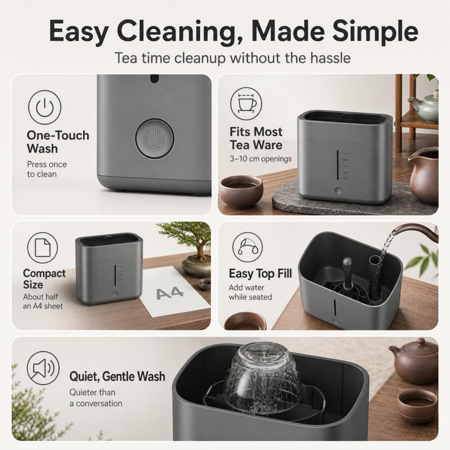 Lavabicchieri automatico, lavabicchieri elettrico per tazze da tè con serbatoio dell'acqua da 1,8 litri, getto ad alta pressione, per casa, ufficio, bar e caffetteria (Gray)