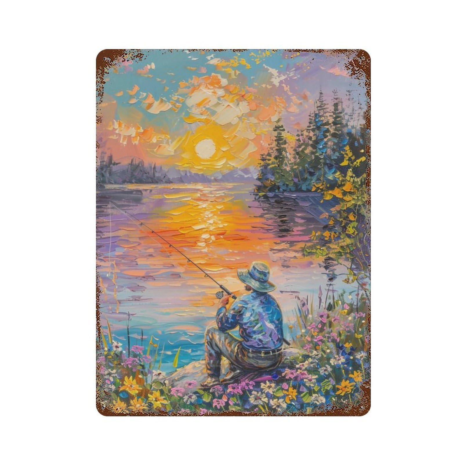 HDURYEYRYY Lakeside Fisherman Sunset Impasto 03 Wall Retro Iron Vintage Art Metal Tin Sign Poster Modern Home Cofffee Club Art Bar Shop Decor 40x30cm