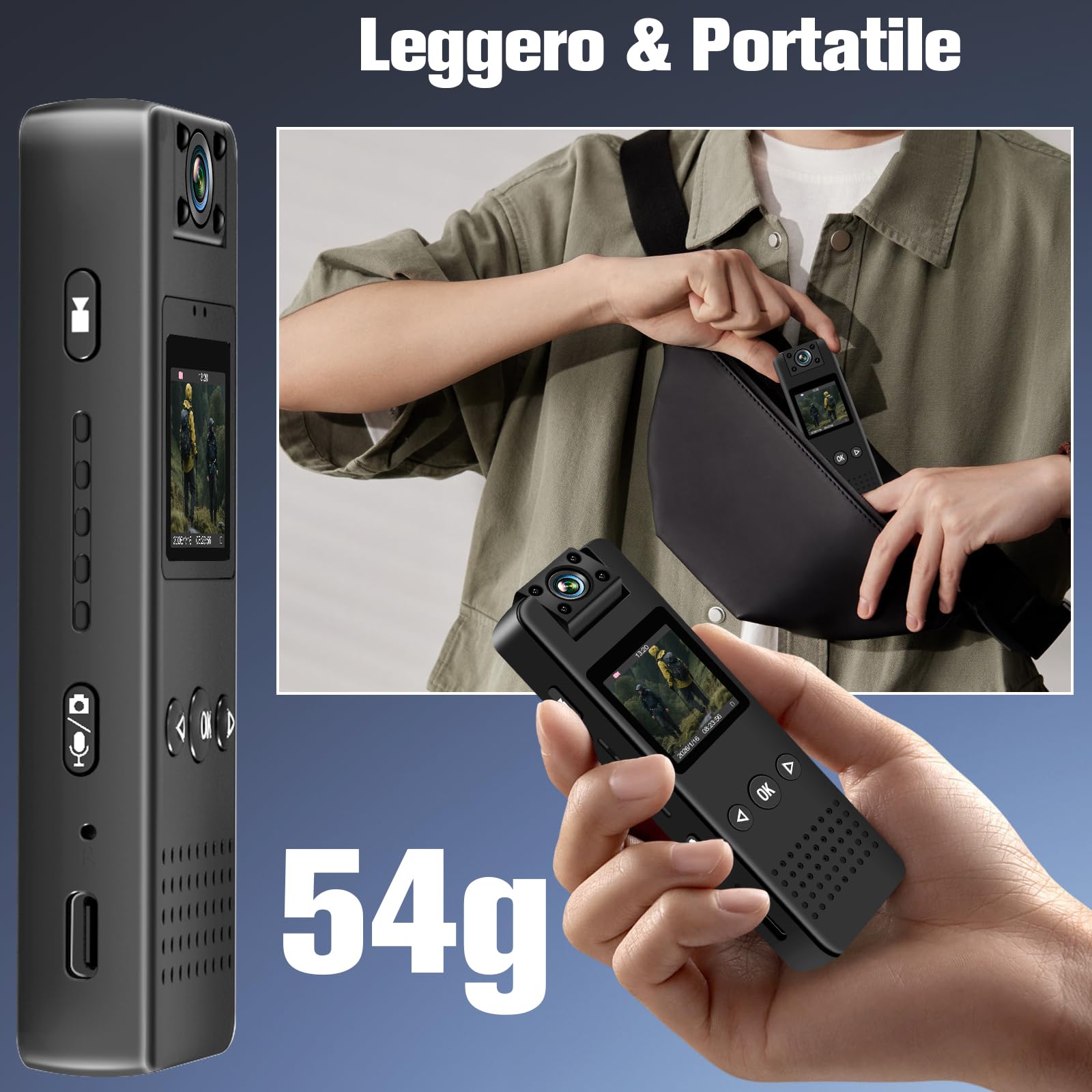 Mini Body Cam HD 1080P, Action Cam Portatile, Telecamera Casco Moto con Audio Rotazione di 180°con Visione Notturna Rilevamento del Movimento per Vlog, Ciclismo, ecc. Attività al chiuso/all'aperto