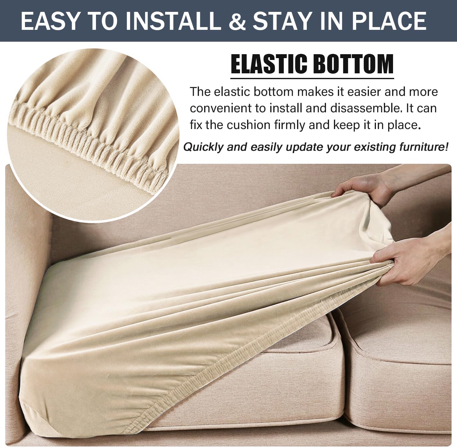 Stretch Cushion Cover, Soft Velvet Plush Cushion Slipcovers Loveseat Sofa Covers Couch Seat Covers Furniture Protector with Elastic Bottom (Beige, X-Large)