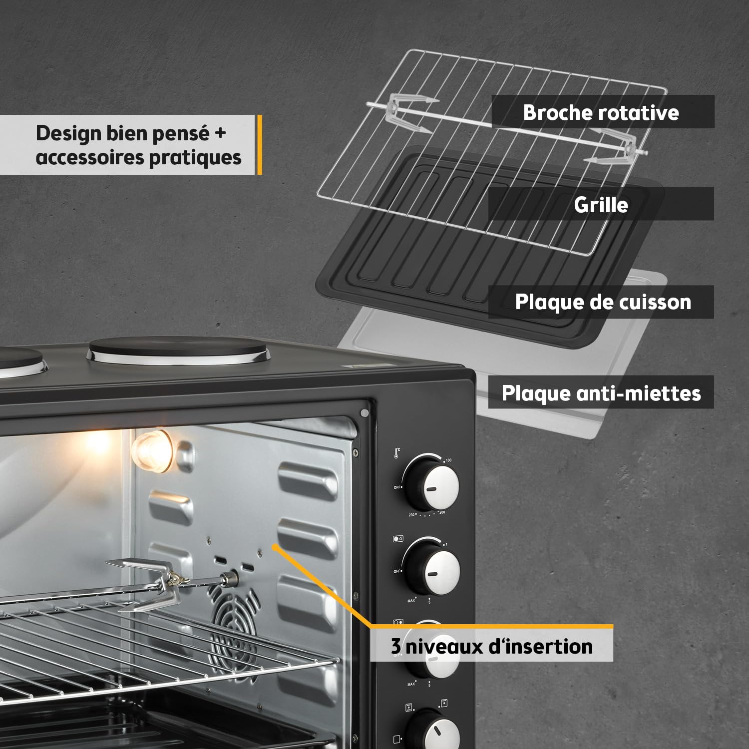 TZS First Austria - Mini-Four avec plaques de cuisson 30L 3200 W - Four à pizza jusqu'à 230°C et 6 modes de chauffage - Four multifonction avec 4 hauteurs d'insertion et accessoires de haute qualité