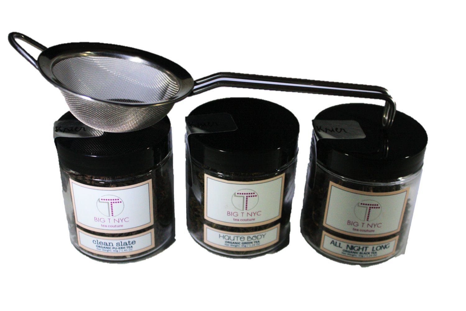 BIG T NYC Nude Collection Organic Loose Leaf Tea Gift Set Includes; Black Tea, Pu-erh Tea, Green Tea and an Oversized Stainless Steel Tea Strainer