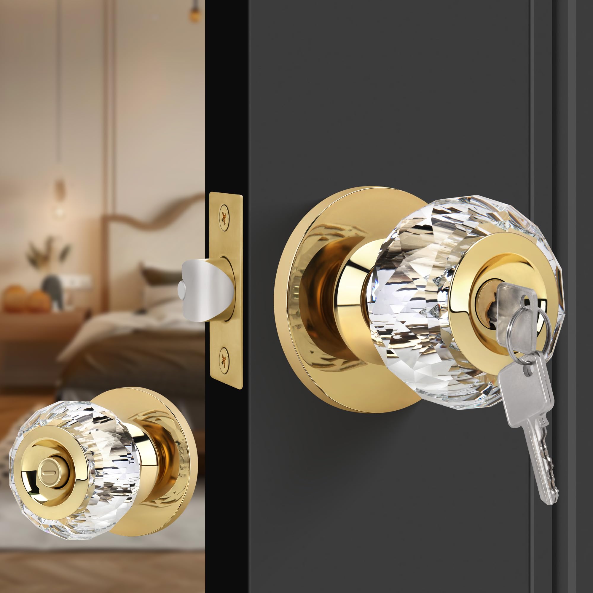 LOQRON Crystal Door Knobs With Lock And Keys, Glass Door Knobs