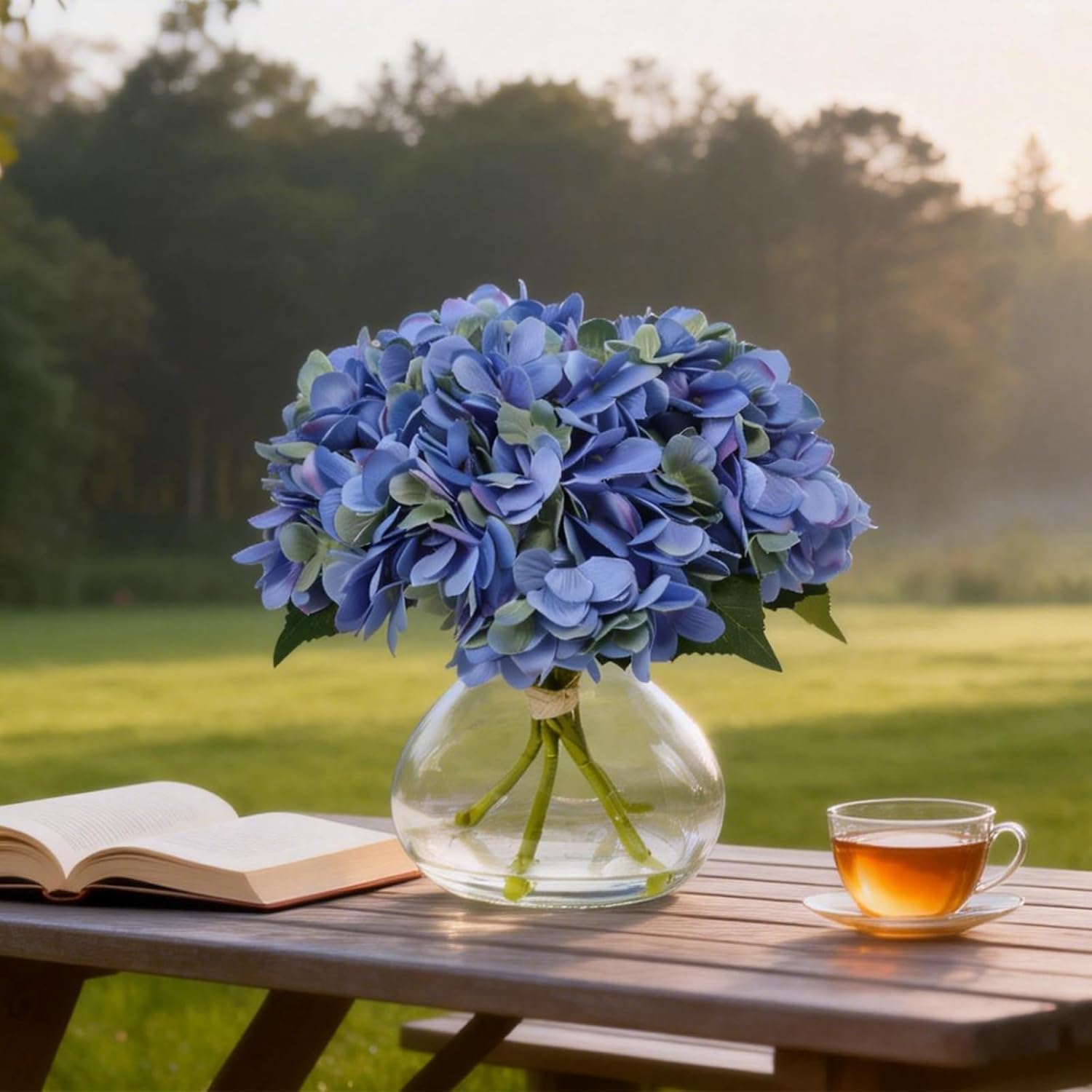 Bdor Blue Hydrangea Artificial Flower Arrangement in Clear Glass Vase, Faux Hydrangea Bouquet with Realistic Water – Table Centerpiece for Home, Living Room, Bedroom, Office Decor