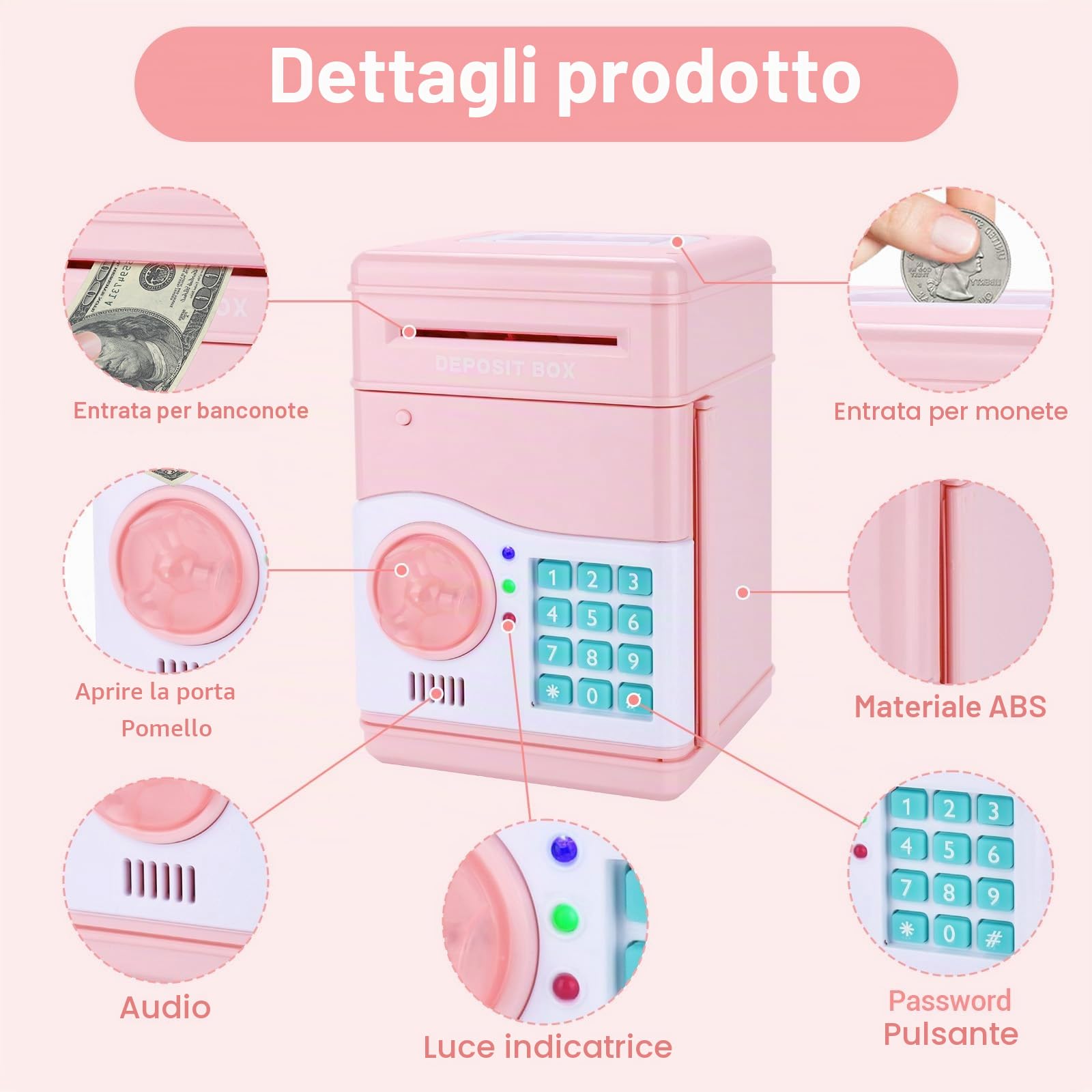Salvadanaio Elettronico,Salvadanaio Bambini con Password,Funzione di accettazione automatica di contanti e verifica di banconote,Incluso 2 Adesivi,Cacciavite,Regalo per bambini dai 3 ai 12 anni