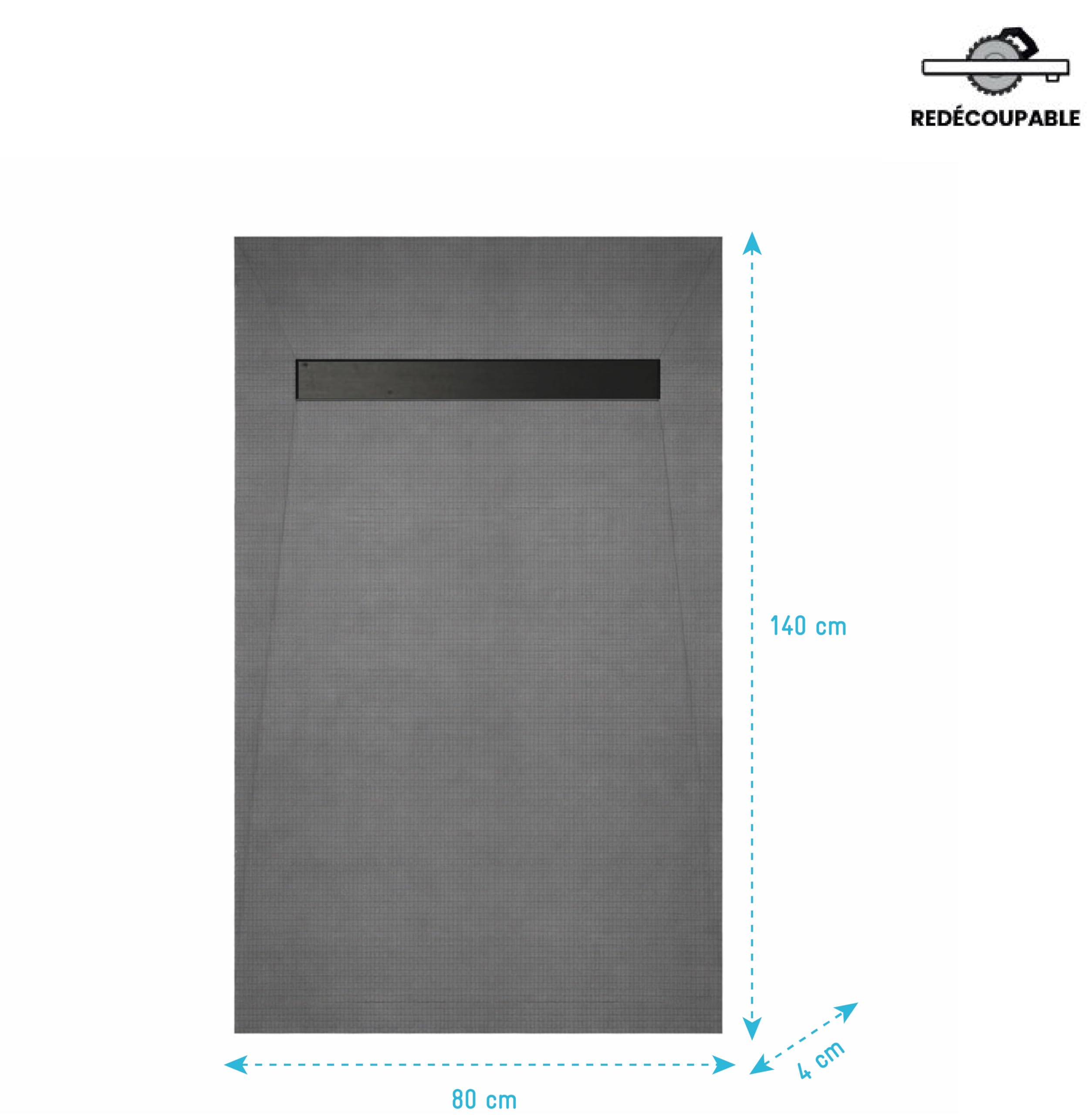 Receveur de Douche à Carreler 140x80cm à Ecoulement Linéaire - Grille Noire et Bonde