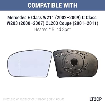 Heated Wing Mirror Glass for Mercedes E Class W211 2002–2009 C Class W203 2000–2007 CL203 Coupe 2001–2011, Easy Fit, Left Hand Side UK Passenger Side
