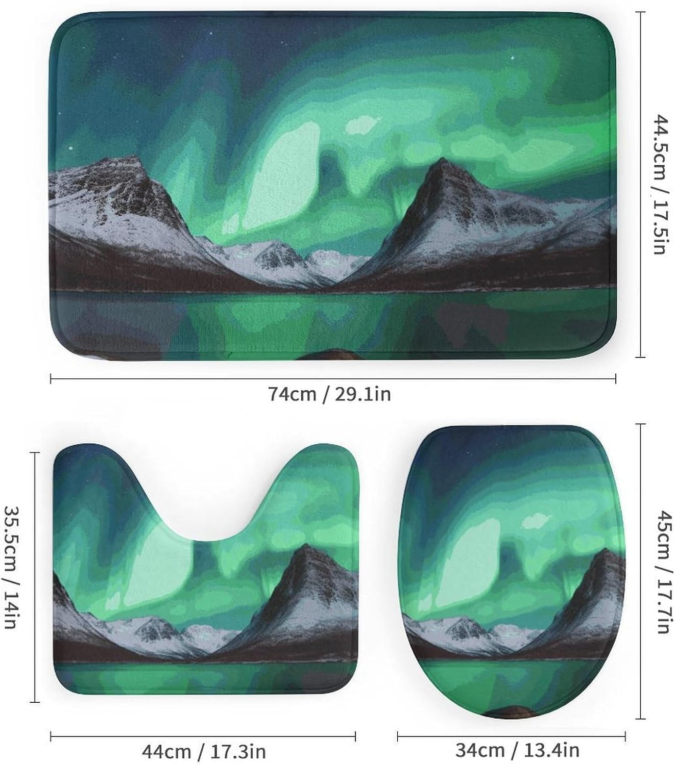 Aurora Borealis Shower Curtain Set 4 Piece, Non-Slip Bath Mat with Toilet Lid Cover and Waterproof Shower Curtain with 12 Hooks, Complete Bathroom Set for Home Decor