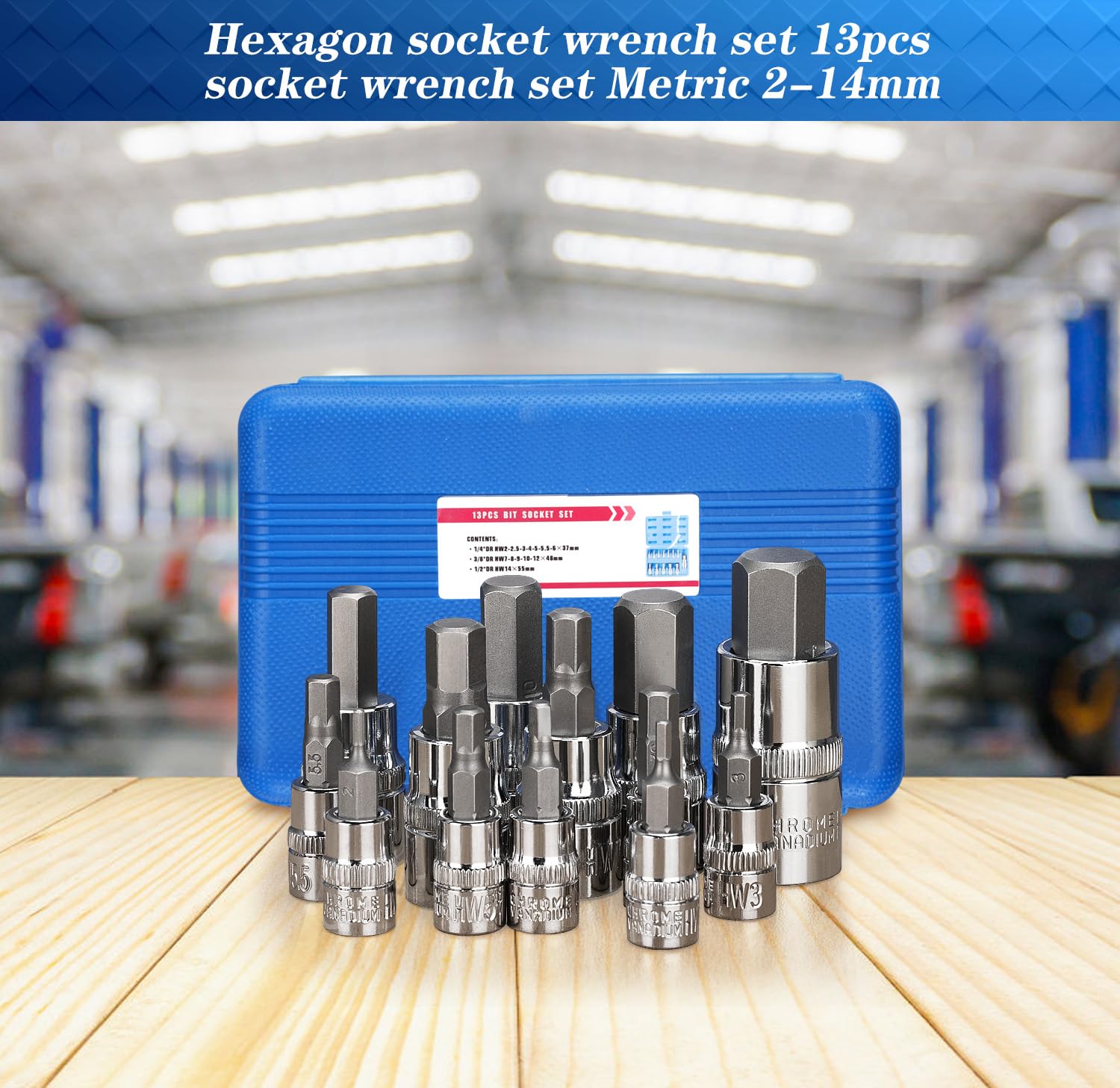 Juego de Llaves de Vaso Hexagonales,13pcs Llaves de Vaso en acero de aleación S2, Llave Allen Puntas Hexagonales, con Adaptadores de Vaso 1/2" 3/8" 1/4", para llave Dinamométrica y Talatro
