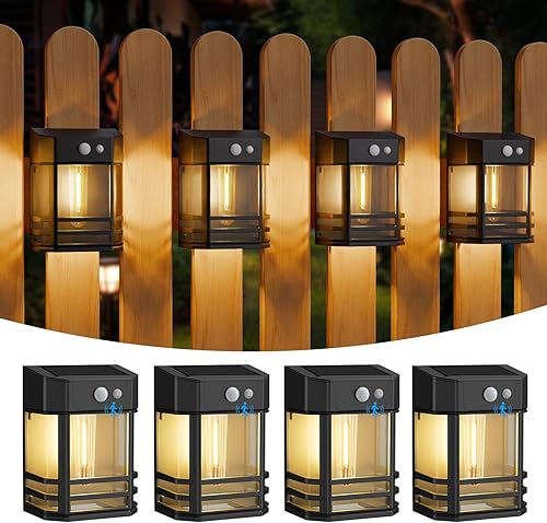 btfarm Luces solares para valla al aire libre, paquete de 4 luces solares con sensor de movimiento del atardecer al amanecer, funciona con energía