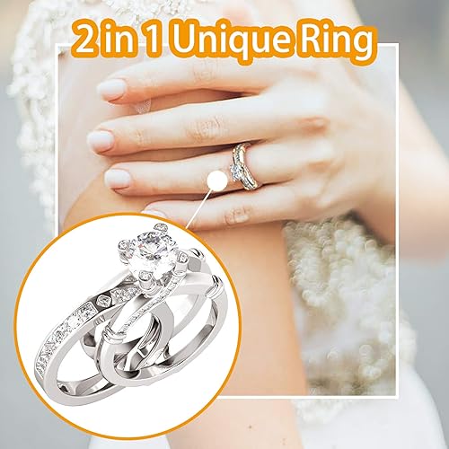 Miniatura 2 de Juego de anillos de diamante para mujer juego de anillos de combinación creativa 2 en 1 con circonita y anillo de moda versátil para boda compromiso