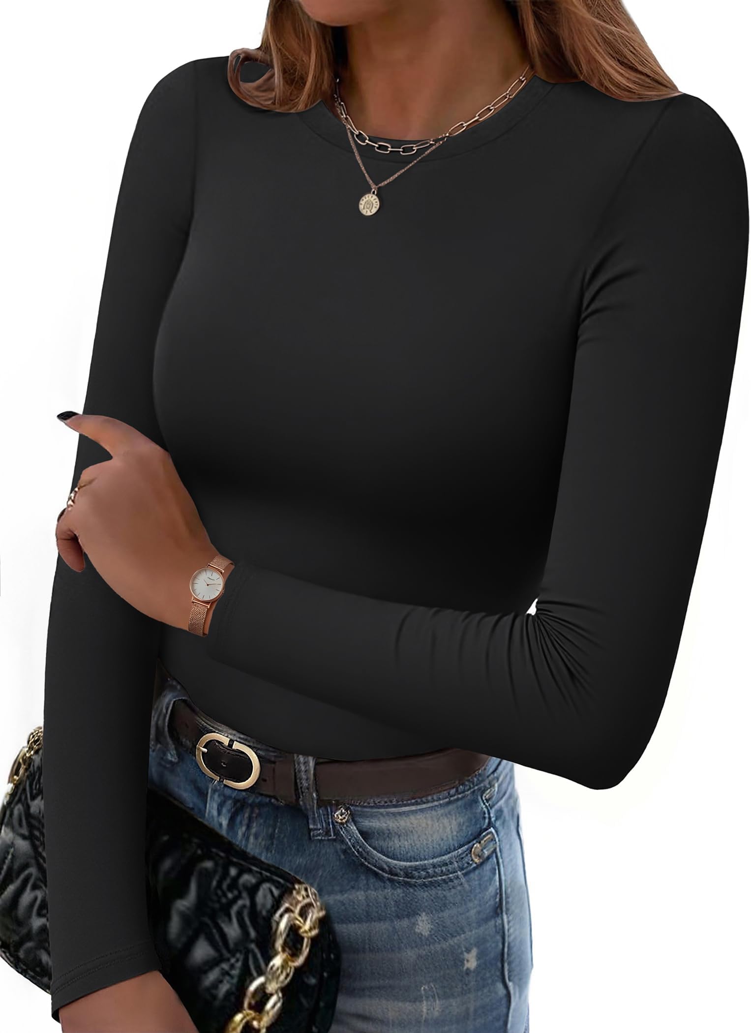 Women's T-Shirt Long Sleeve Slim Fit Basic Tops Casual Crew Neck Tee Shirt Elegant Stretch Top Plain Long Shirt XS-XL