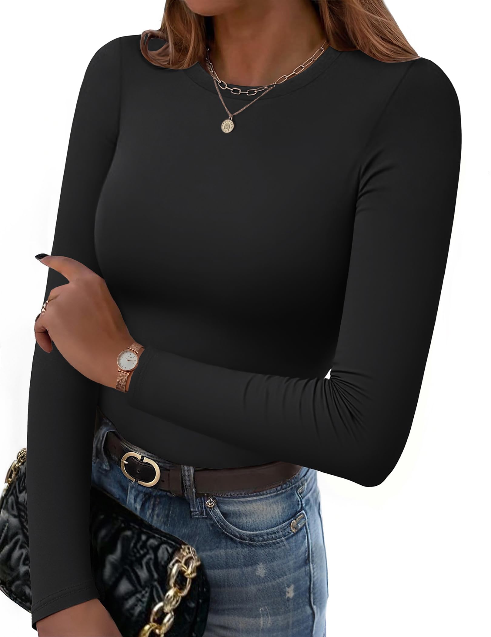 Women's T-Shirt Long Sleeve Slim Fit Basic Tops Casual Crew Neck Tee Shirt Elegant Stretch Top Plain Long Shirt XS-XL