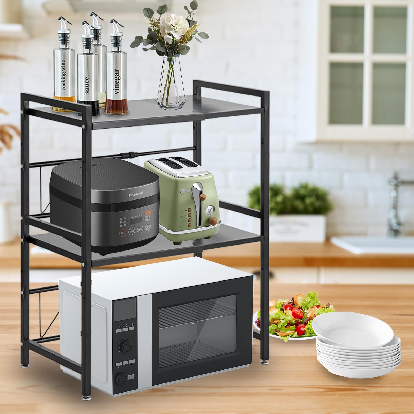 Scaffale per microonde a 2 strati, per tostapane, per cucina, larghezza telescopica 40-63 cm (ottimale entro 60 cm) con gancio mobile, portata 75 kg (nero)