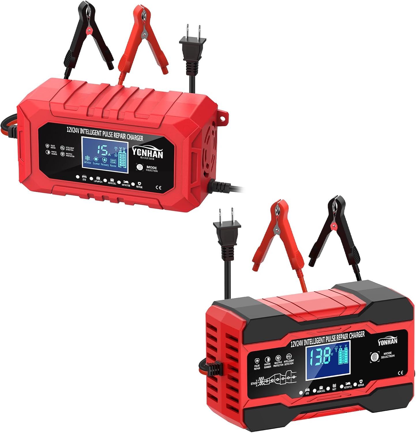 YONHAN 12V/24V Intelligent Pulse Repair Battery Charger with included battery clamps and power cord