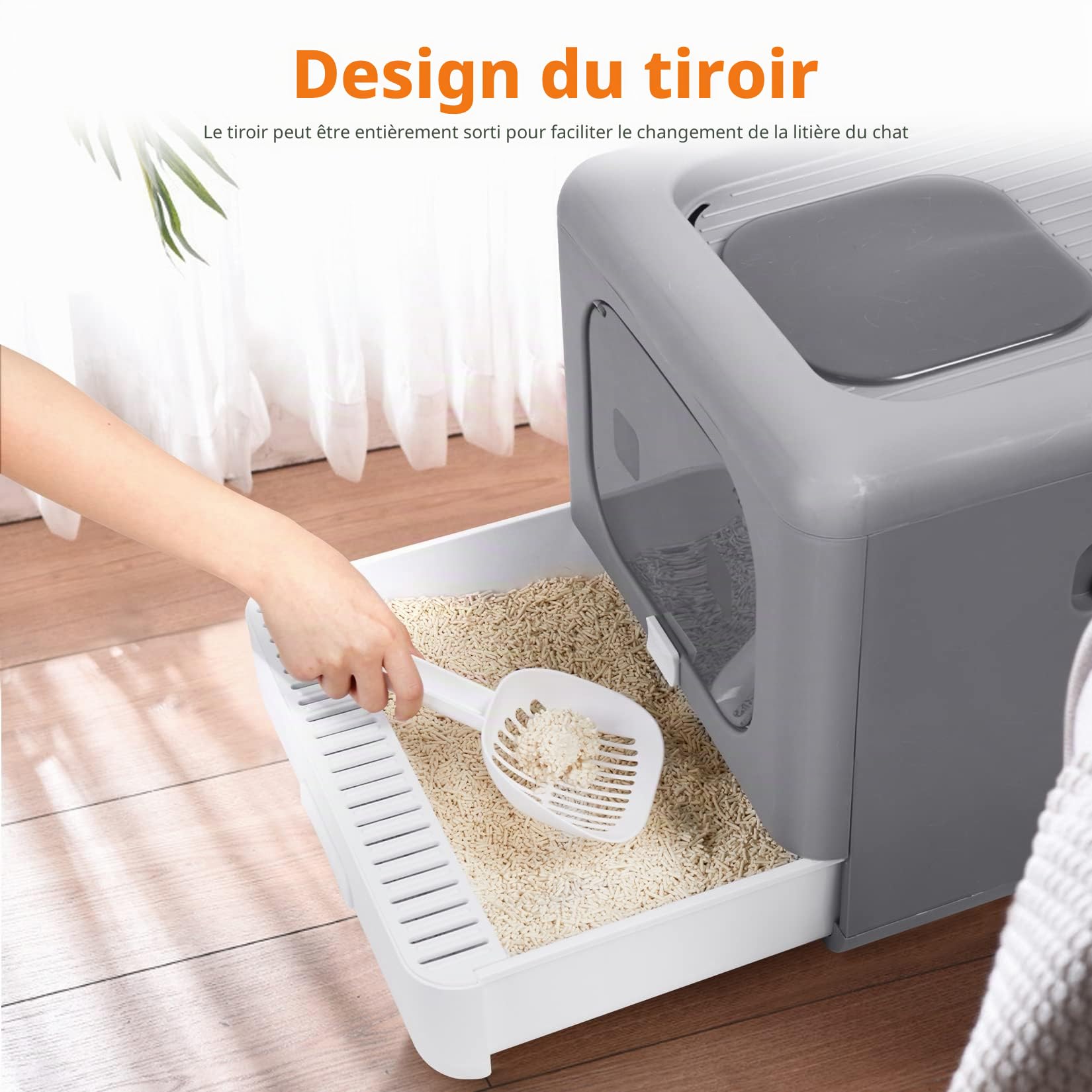 BingoPaw Maison de Toilette Chat Anti Odeur: Bac à Litière Fermée Portable avec Tiroir et Pelle, 43x40,5x37,5cm