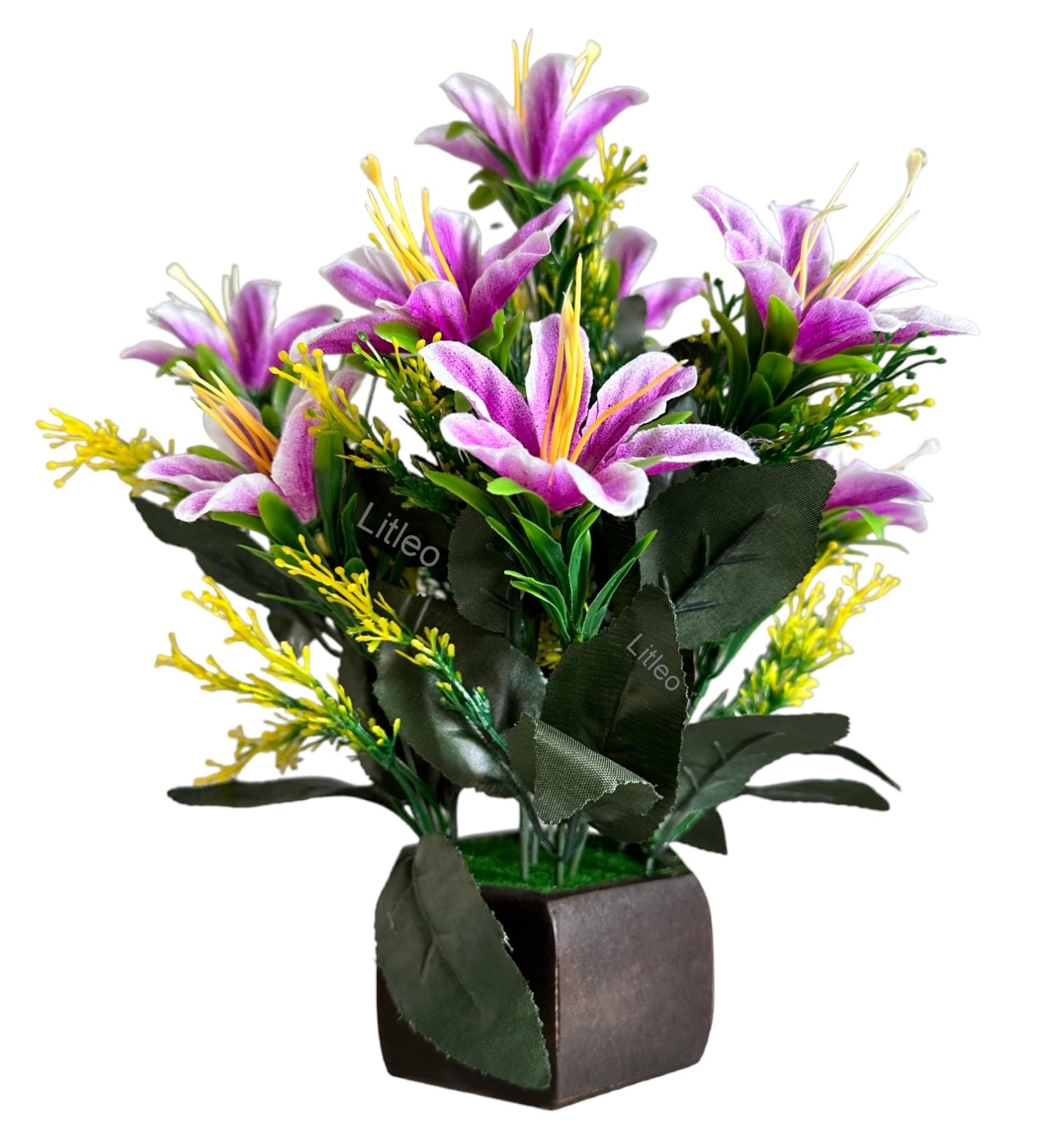 Litleo Artificial Lilies Flower Arrangement, Mixed Colours, Wooden Pot (Purple)