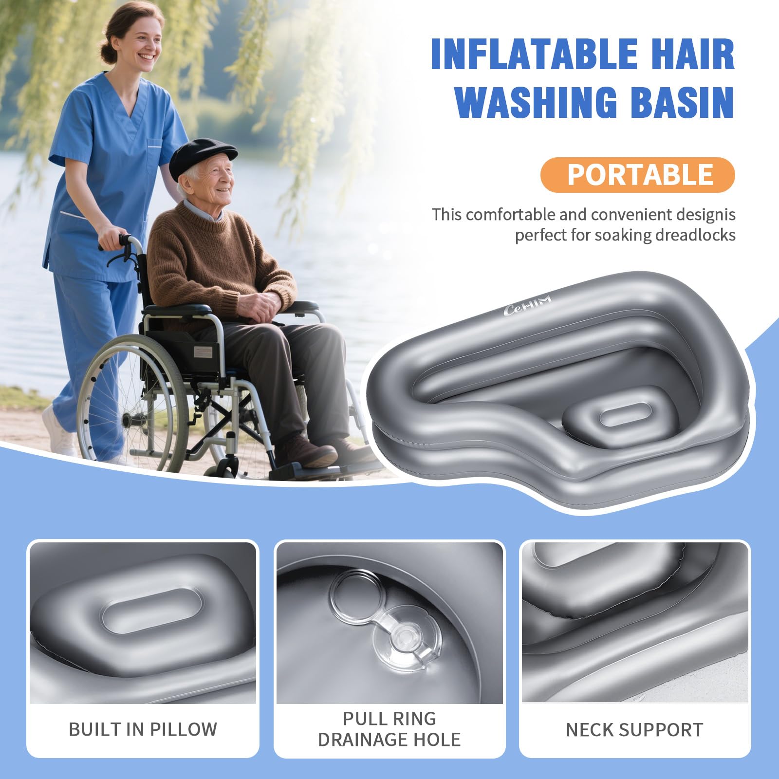 Bacino gonfiabile portatile per shampoo, ciotola per lavare i capelli, per disabili, per uso domestico (argento)