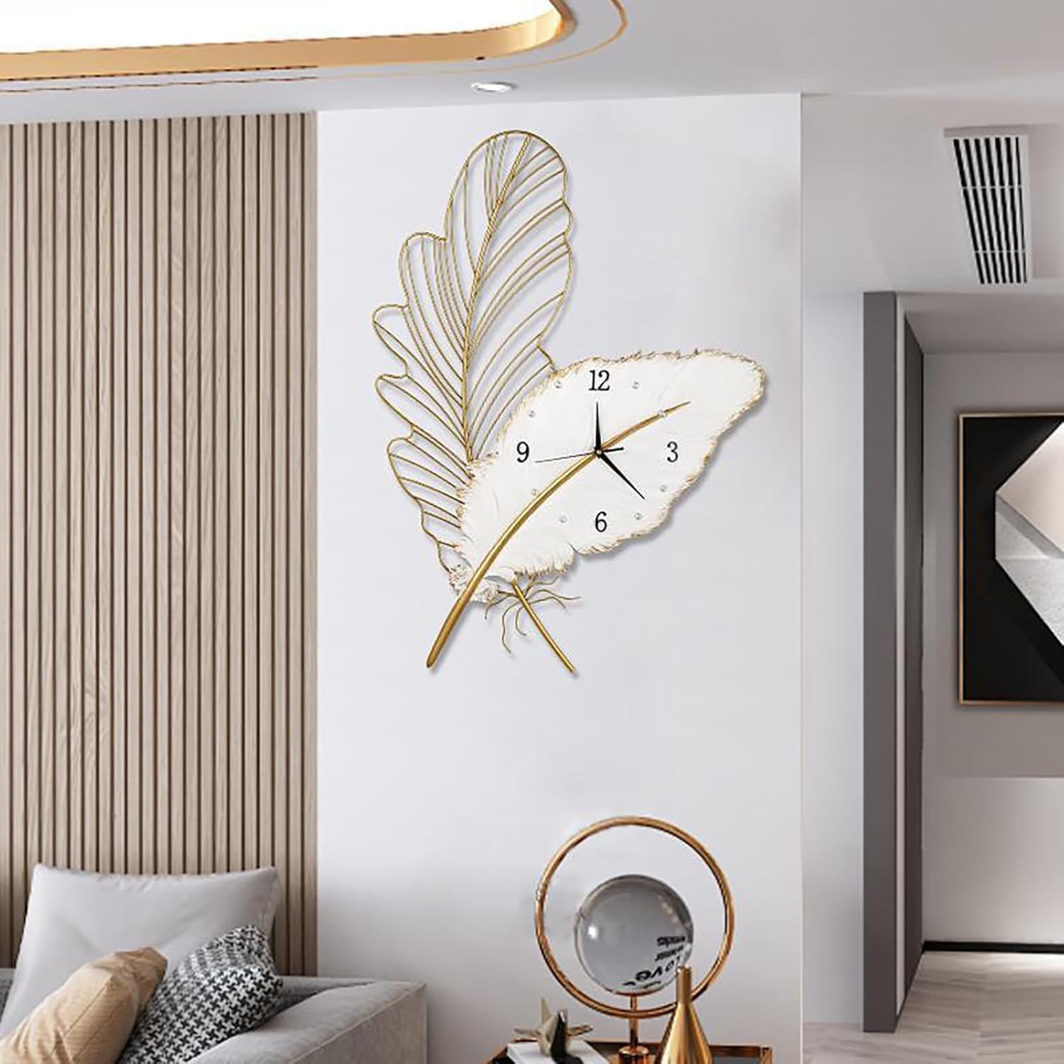 Genérico Reloj de Pared Grande para Decoración Moderna, Reloj Digital, Relojes de Pared Metálicos con Arte de Plumas, Reloj Silencioso de Lujo para Salón, Dormitorio, Oficina, Hogar