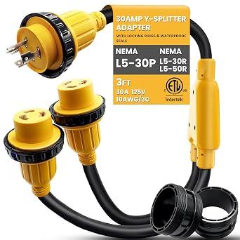 NEMA L5-30P to 2 L5-30R 30 Amp Y Splitter Shore Power Adapter, 30A Male Plug x 2 30A Female Receptacle with Locking Rings & Collar, 125V Heavy Duty 10AWG*3 for Marine Boat RV CampingETL Listed