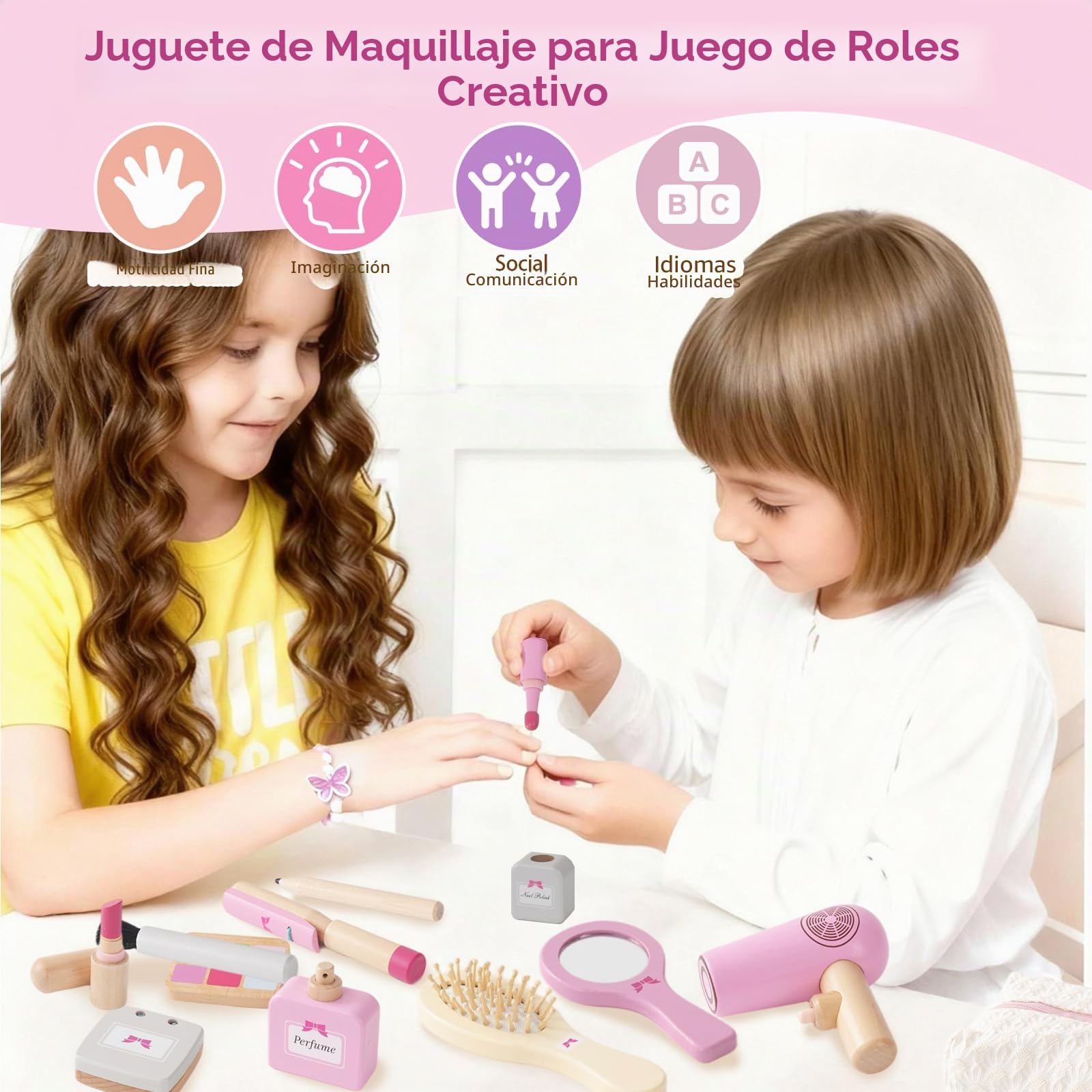 Juego de juguetes de maquillaje de madera para niños pequeños, juego de simulación para niños, juguetes de juego de rol para niños, juguetes de salón de cosméticos falsos, accesorios de vestir