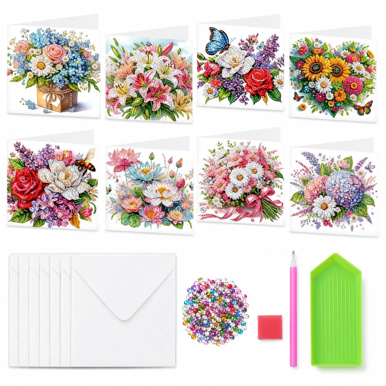 Mahiot Set of 8 DIY Diamond Painting Flower Greeting Card with Envelopes, Diamond Painting Birthday Card, Thank You Card, Holiday Cards, Greeting Card, Diamond Embroidery Wedding Cards