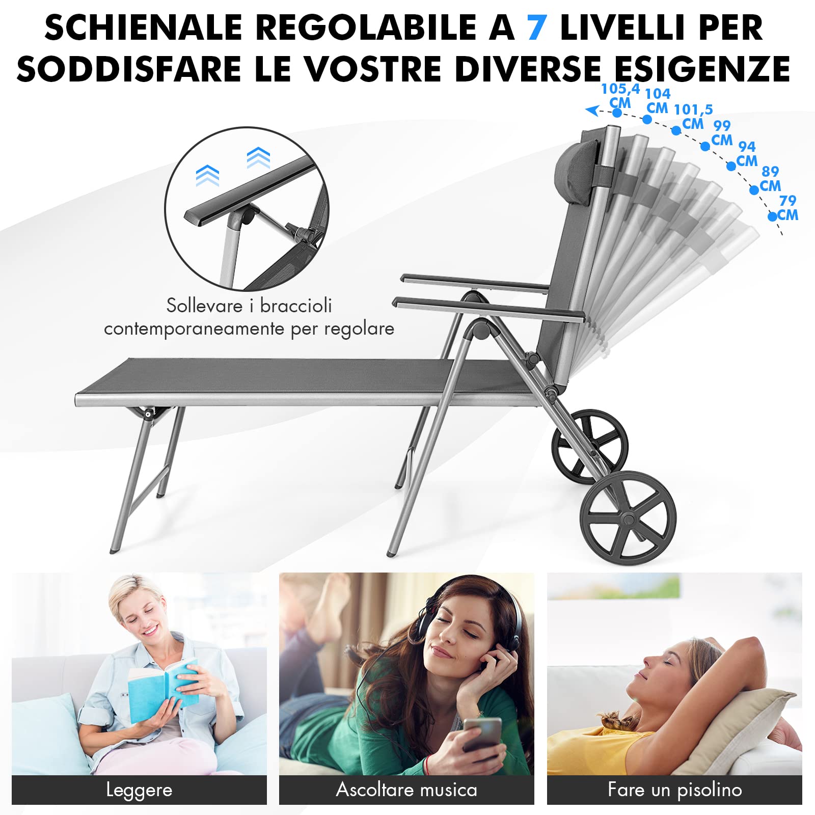 COSTWAY Lettino Prendisole Pieghevole in Alluminio su Ruote, 150 kg | Sedia da Giardino Schienale 7 livelli con Braccioli e Poggiatesta Rimovibile, Tessuto Traspirante per Piscina e Cortile