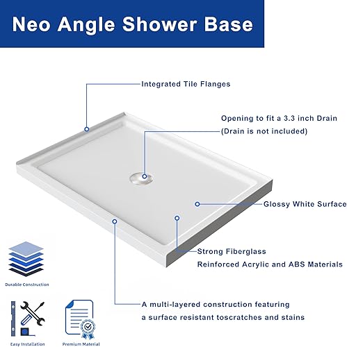 Miniatura 4 de Goodyo Base de ducha de 32 x 48 pulgadas, 3 bandejas redondas rectangulares de acrílico para ducha en color blanco, diseño integrado de 3 lados,