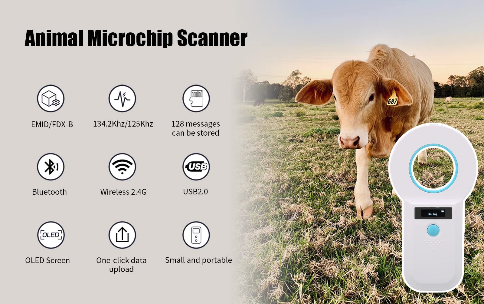 Pet Microchip Scanner, 2.4G Portable Wireless Connection, USB Charging, Animal Tag Scanner - Image 2