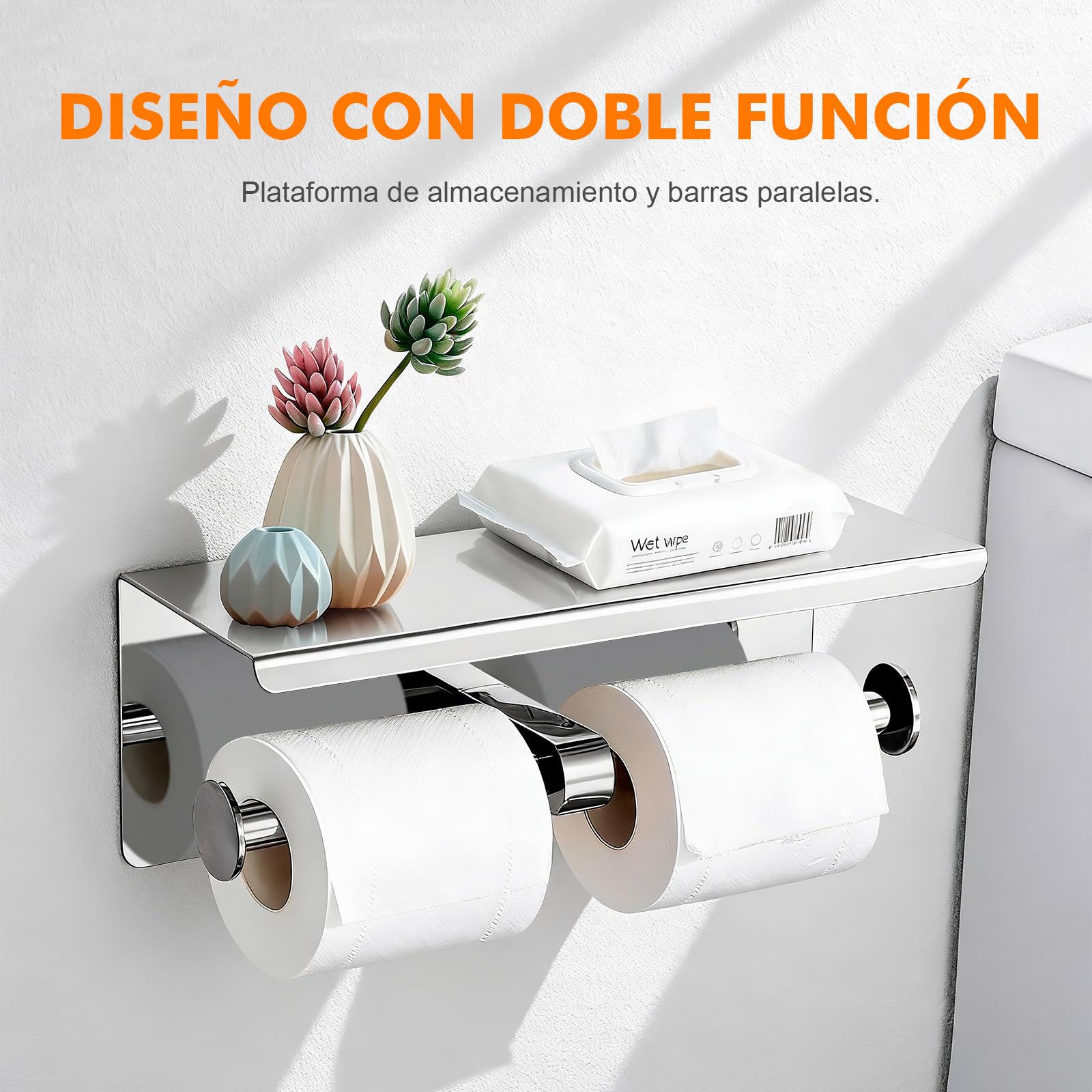 Ibergrif Portarrollos de Papel Higiénico Doble con Estante, Soporte Papel Higiénico de Acero Inoxidable para Pared, Instalación Adhesiva o con Taladro, Portarrollos para Baño o Cocina, Plata