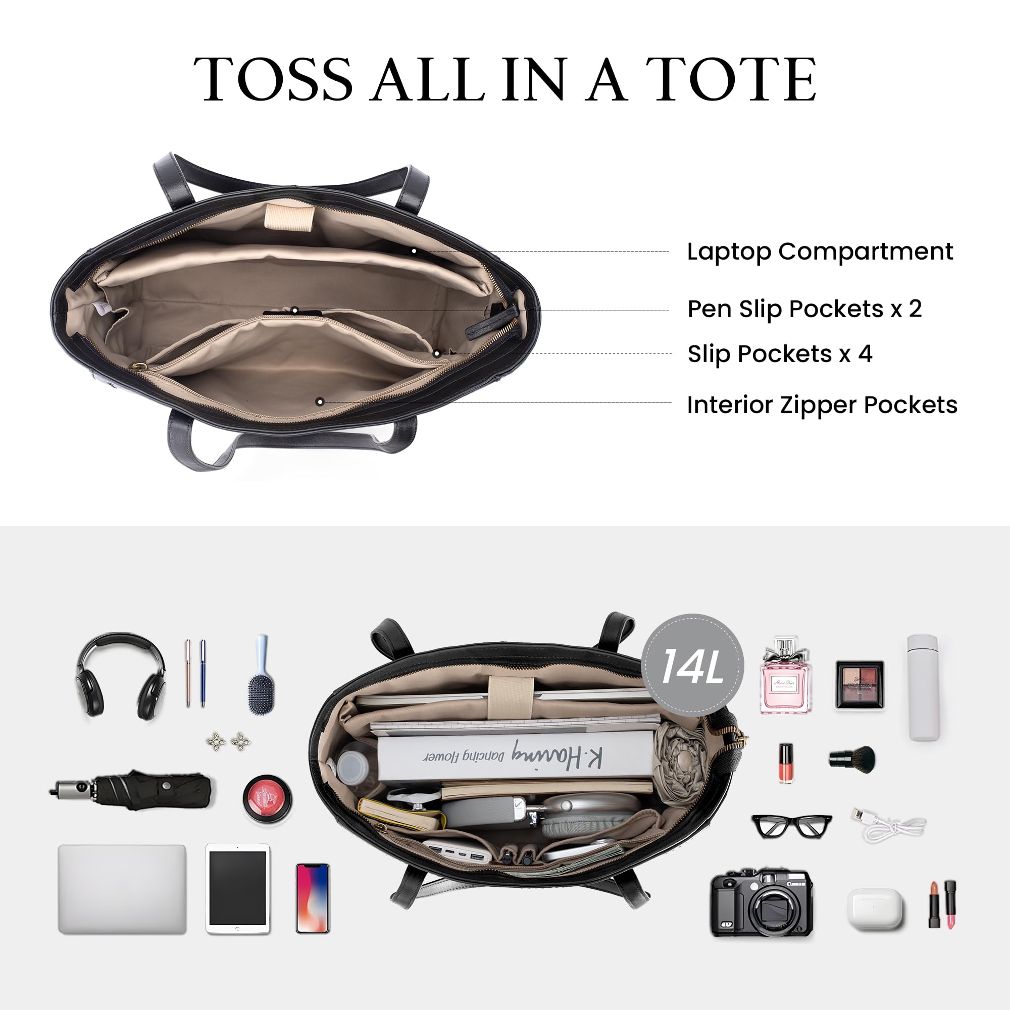 befen Borsa a Mano Donna Grande in Vera Pelle con Vano Laptop 15,6 Pollici, Borsa da Lavoro Tote Bag Shopper Versatile con Zip e Passante per il Trolley