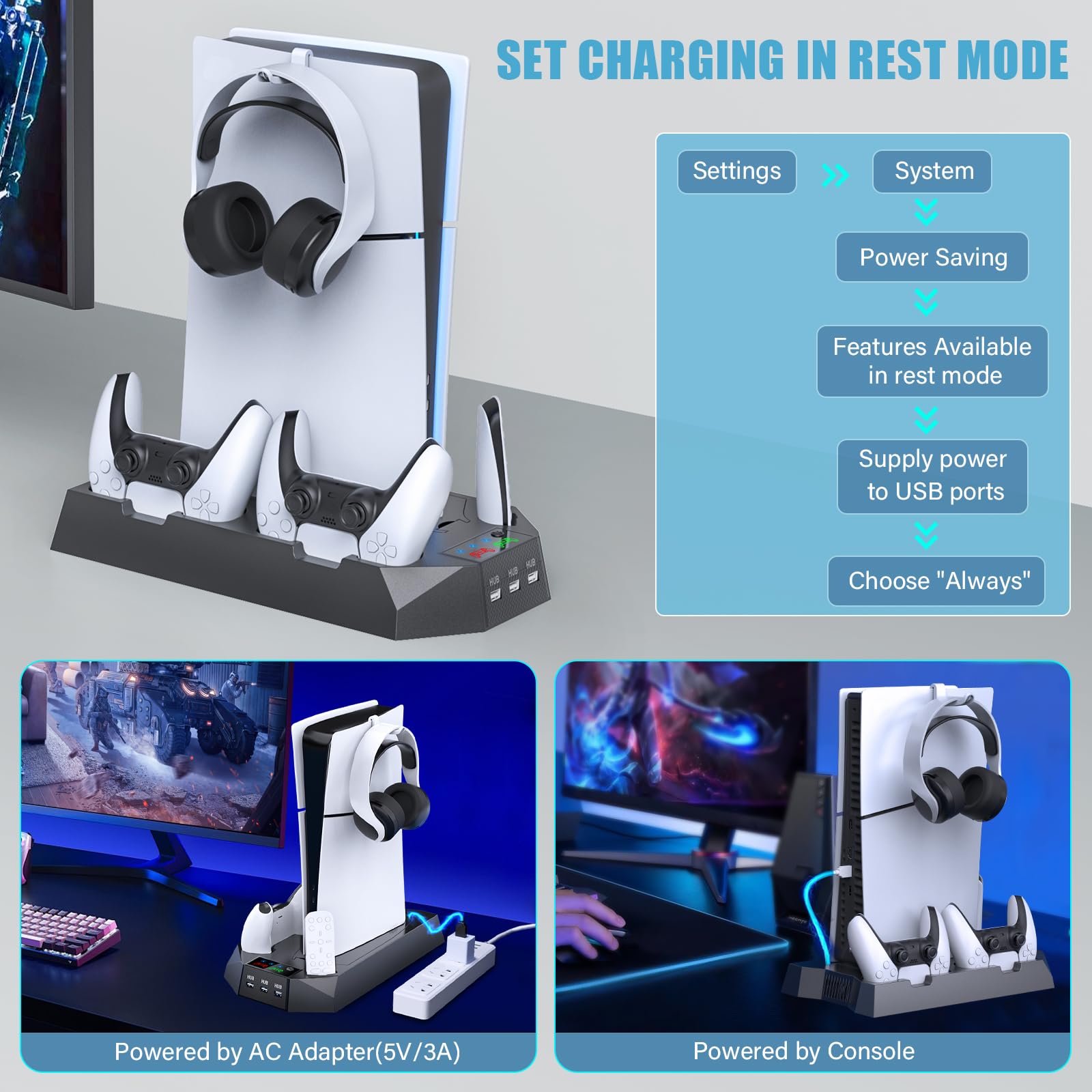 PS5/PS5 Slim/PS5 Pro Stand e stazione di raffreddamento con stazione di ricarica doppio controller per console PlayStation 5, accessori PS5 incl. caricatore controller, ventola di raffreddamento