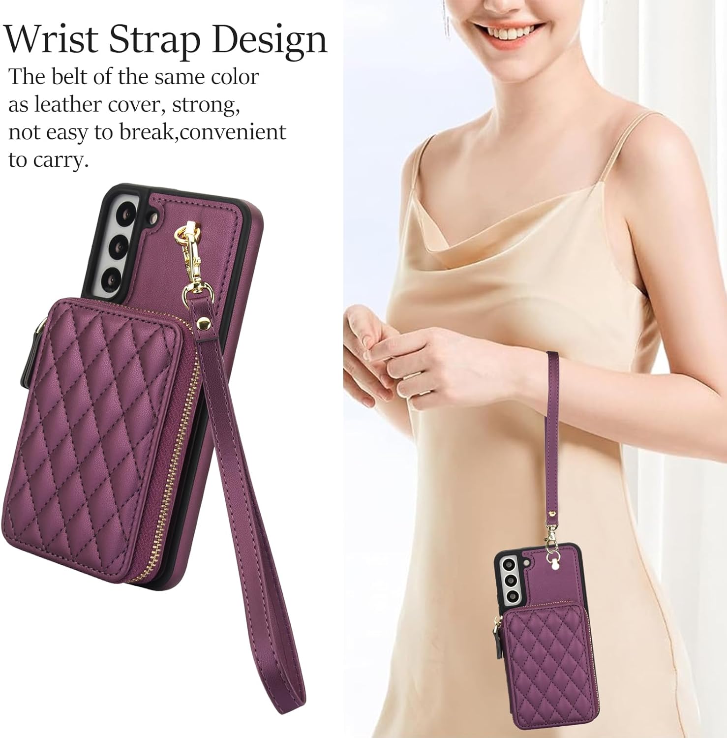 Phone Case for Samsung Galaxy S21 FE 5G Wallet Cell Cover with Tempered Glass Screen Protector Wrist Strap Lanyard RFID Blocking Card Holder S 21 EF S21FE5G UW S21FE 21S G5 6.4 inch Women Dark Purple