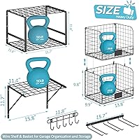 Vista 6 de Garage Shelf Wall Mounted with Wire baskets, Heavy Duty Garage Wall Shelving with Garden Tool Rack and Hooks, Wire Shelf Baskets Tool Organizer for
