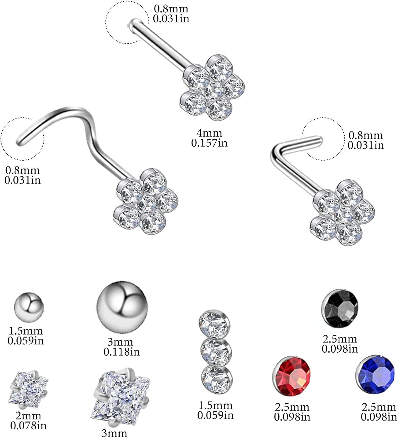 Nose Rings & Studs - 18g, 20g, 22g 14K Gold Bone Nose Studs for Women in Titanium Steel - Image 5