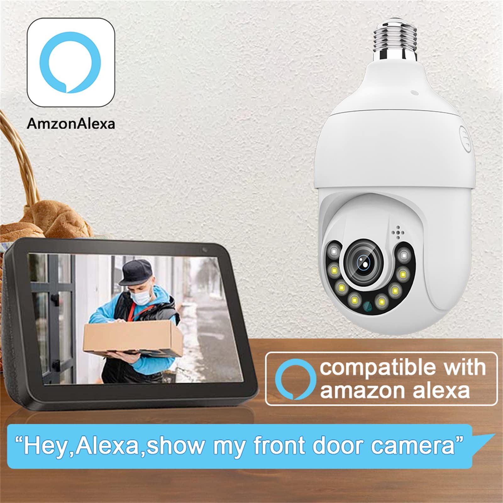 5MP E27 Ampoule Caméra De Surveillance Alexa Étanche Extérieur WIFI IP Caméra CCTV Suivi Automatique Couleur Vision Nocturne Conversation Bidirectionnelle Alarme De Mouvement PTZ,Add 64g card