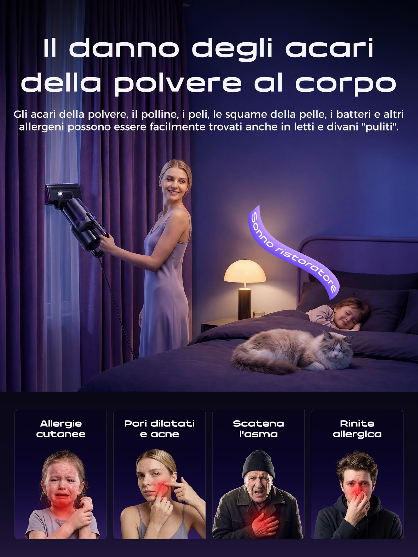 Battimaterasso Antiacaro, Aspirapolvere per Acari con Luce UV, 14000Pa Potente Aspirazione,Filtro HEPA,Aria Calda,Doppio Contenitore della polvere, per Materasso, Divano, Tappeti e Peluche–Cavo 4M