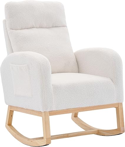 LUSPAZ Silla mecedora moderna con acento y patas de madera maciza, mecedora tapizada para cuarto de bebé, cómoda silla con bolsillo lateral, sillón