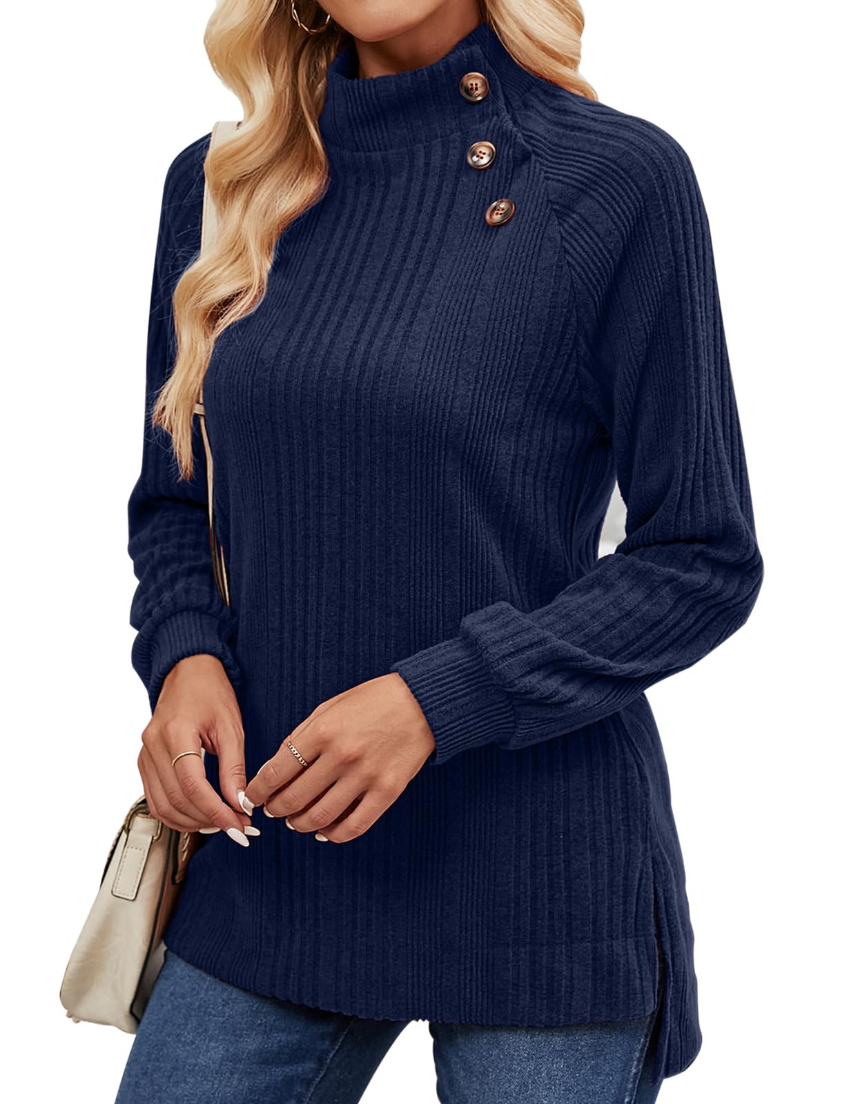 LURANEE Womens Long Sleeve Tunic Tops Turtle Neck Sweater Light High Low Side Split Sweatshirt
